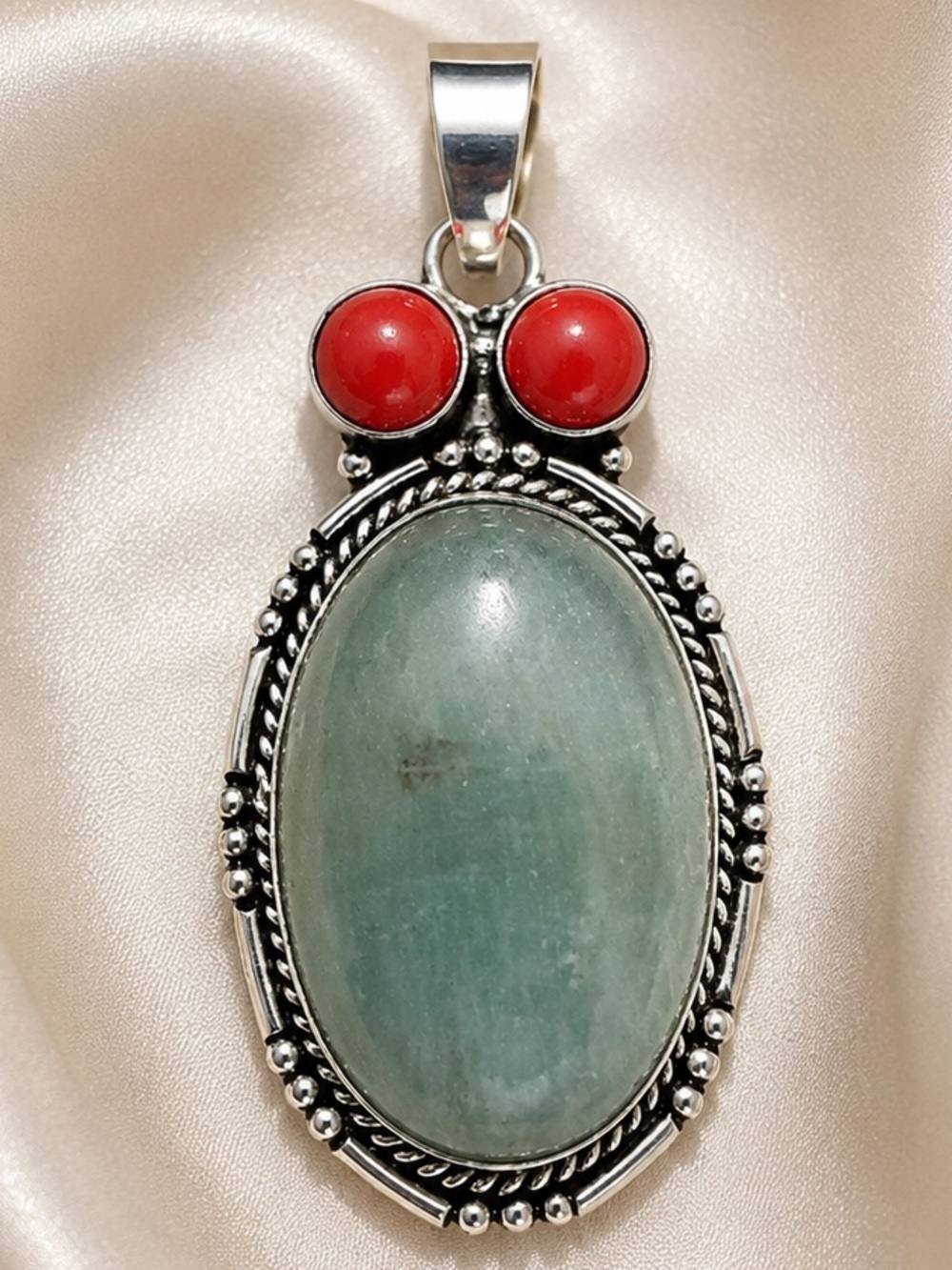 Artisan Green Aquamarine Oval Pendant with Red Coral Accent Stones